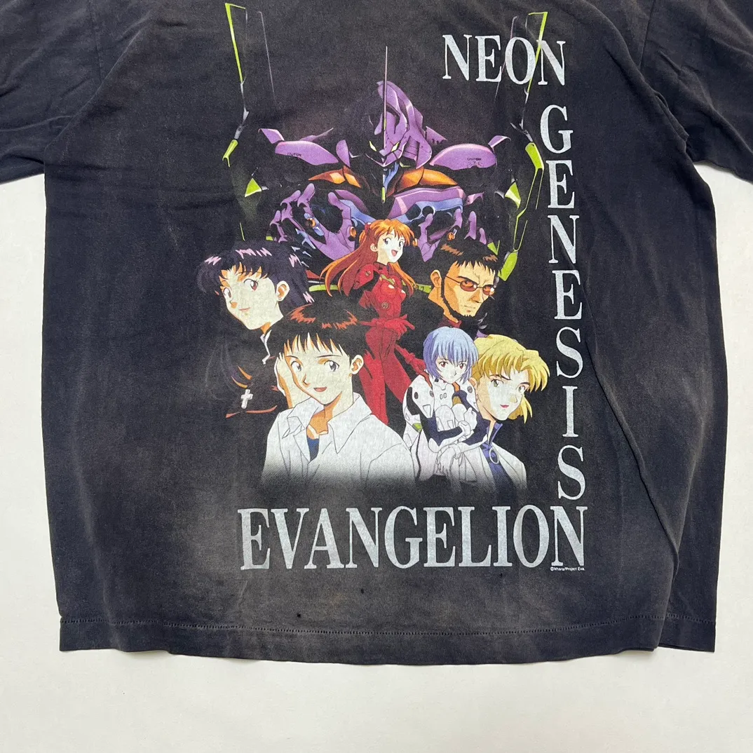 SAINT Mxxxxxx × EVANGELION NEON GNSIS TEE/BLK co-branded Neon Genesis Evangelion distressed short-sleeves, washed black S-XL, vintage NEW VINTAGE, top printing technology, garment dyeing, re-washed, distressed, correct co-branded main mark/washing mark